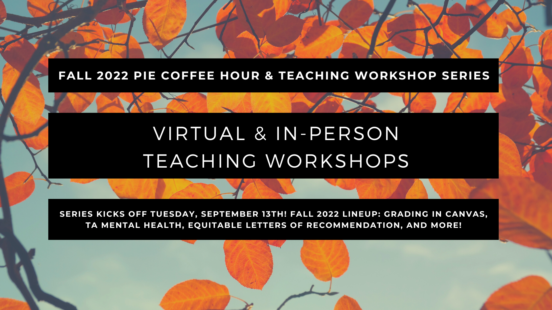 Orange leaves against a robin's-egg blue sky. Fall 2022 PIE Coffee Hour & Teaching Workshop Series: Virtual & In-Person Teaching Workshops. Series kicks off tuesday, September 13th! Fall 2022 lineup: grading in Canvas, TA mental health, equitable letters of recommendation, and more! 