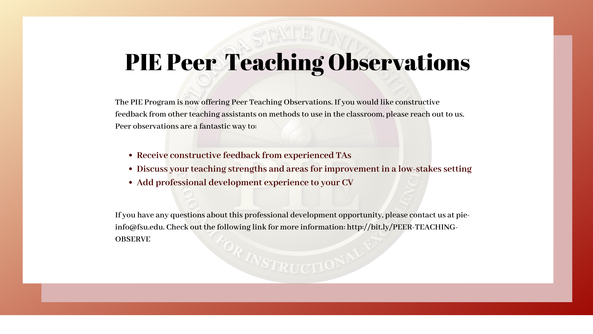 Peer Teaching Observation flyer for the PIE Peer Observation service.