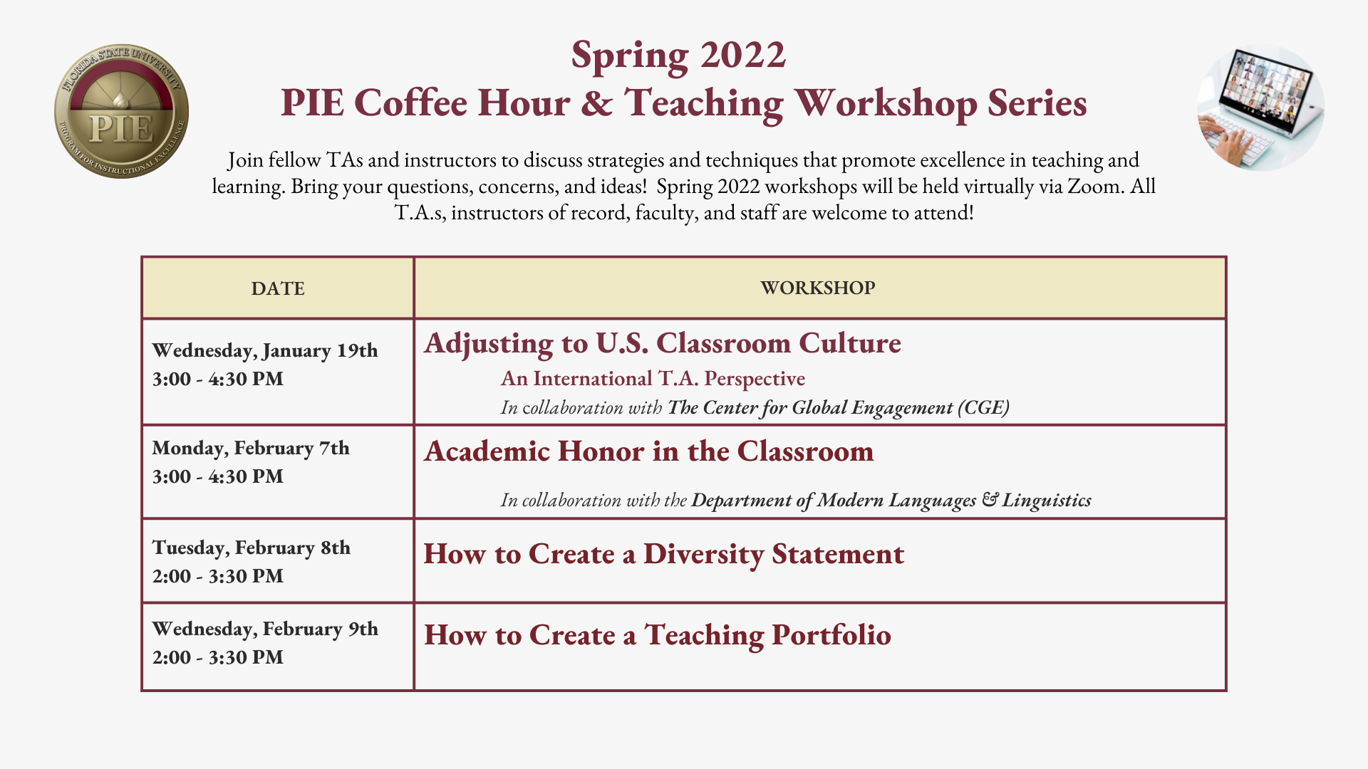 Spring 2022 PIE Coffee Hour & Teaching Workshop Series Dates 