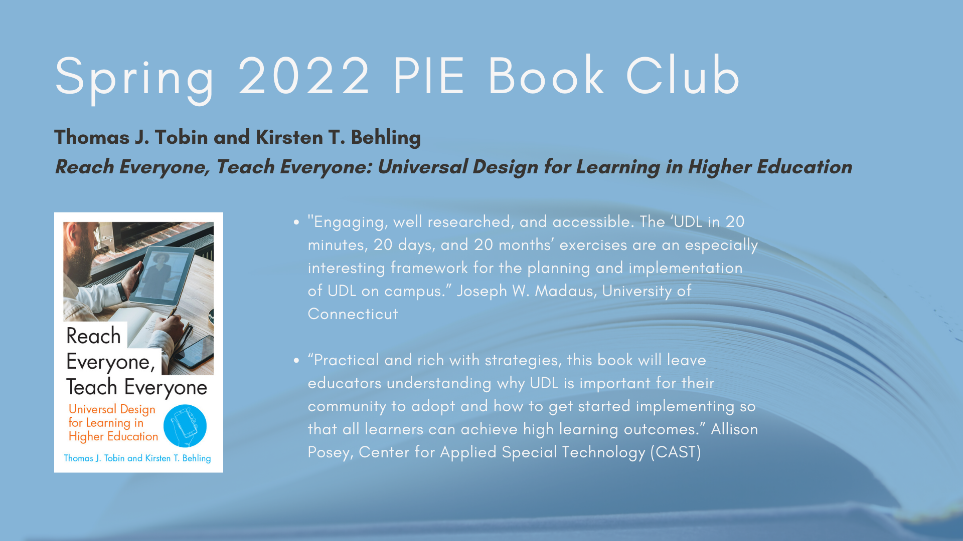 Spring 2023 Book Club with open pages and cover of Reach Everyone, Teach Everyone